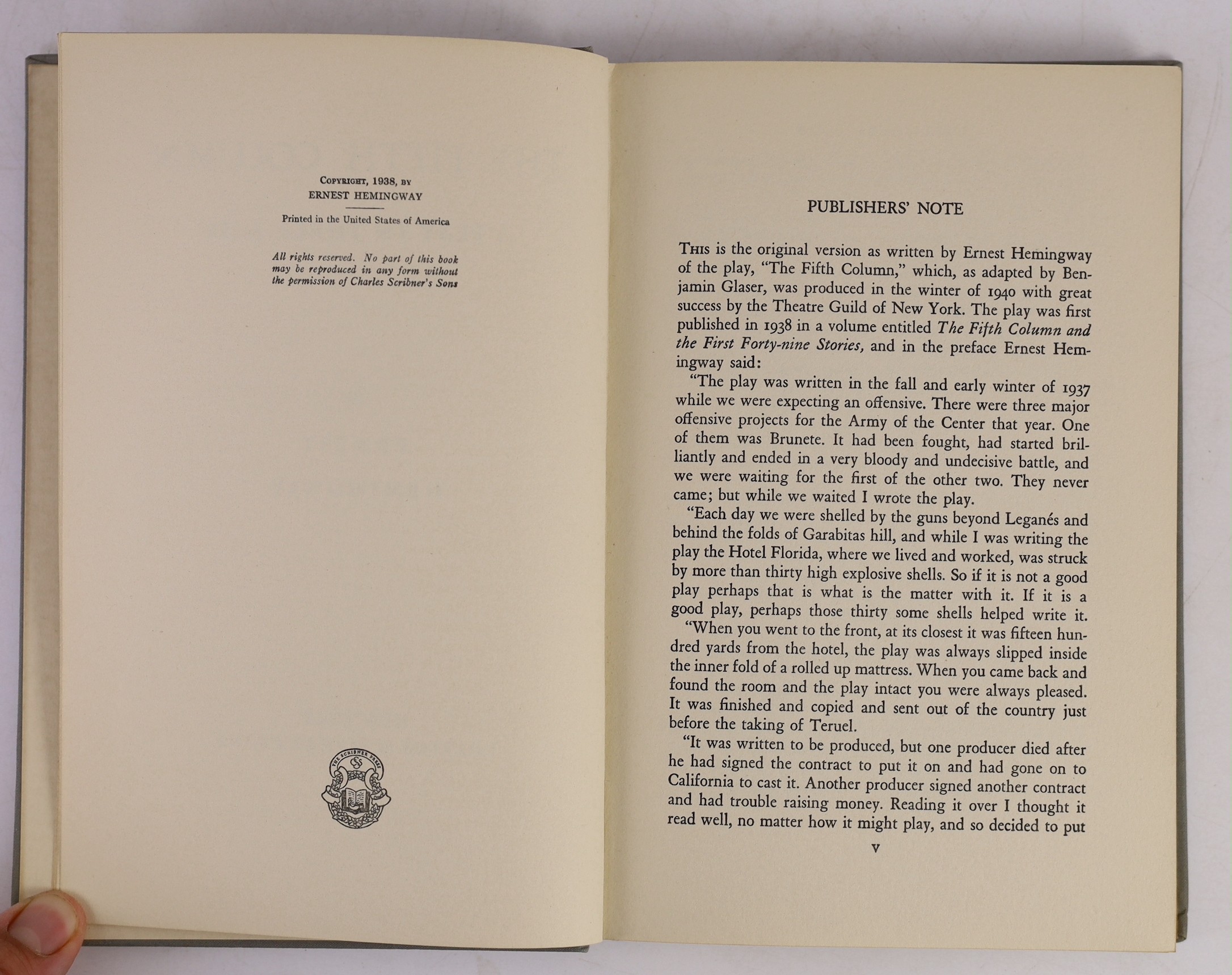 Hemingway, Ernest - The Fifth Column a Play in Three Acts, 1st edition, 1st printing, 8vo, cloth, Charles Scribner’s Sons, New York, 1940